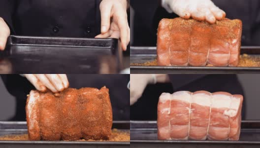 厨师将香料涂在去骨猪肉上。高清在线视频素材下载