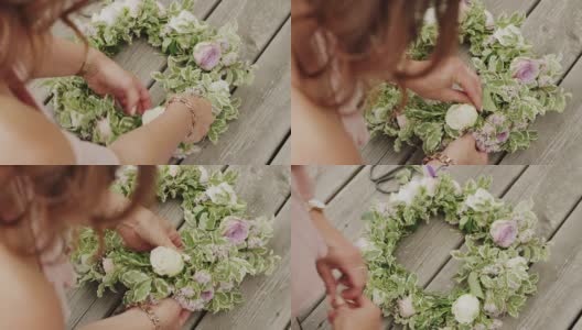 在瑞典的仲夏，一名妇女正在制作花冠高清在线视频素材下载