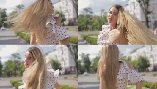美丽快乐的女人穿着衣服在夏季城市抛发，慢动作高清在线视频素材下载