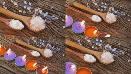 海盐和喜马拉雅。旧木桌上的盐晶体。高清在线视频素材下载