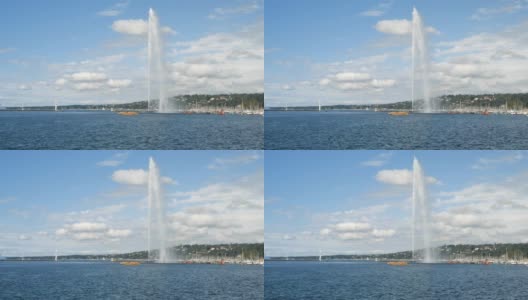 一艘渡船接近日内瓦湖上的水射流的慢动作镜头高清在线视频素材下载