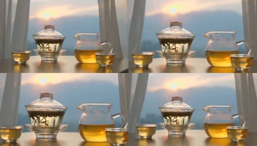 中草药茶杯放在靠窗的桌子上高清在线视频素材下载