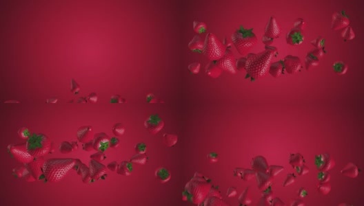 新鲜草莓坠落在红色背景上的超级慢镜头。浆果起飞并旋转。适当营养的原则。素食者高清在线视频素材下载