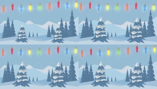 快乐快乐的圣诞动画与灯泡在雪景高清在线视频素材下载
