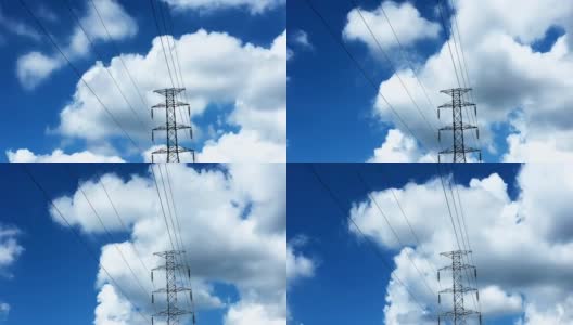输电铁塔和输电线路延时云在高压输电线路上运行高清在线视频素材下载