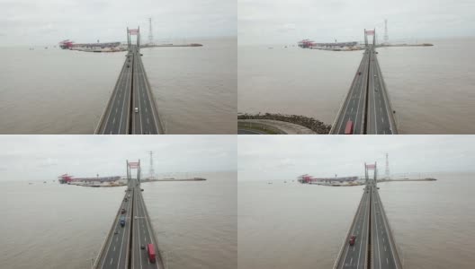 港口商贸城一座跨海大桥，鸟瞰图高清在线视频素材下载