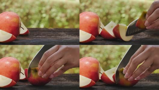 在木桌上切红苹果高清在线视频素材下载