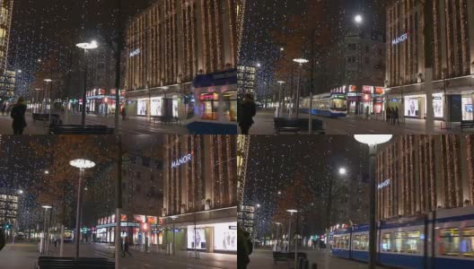 瑞士苏黎世圣诞夜装饰班霍夫大街交通侧全景4k高清在线视频素材下载