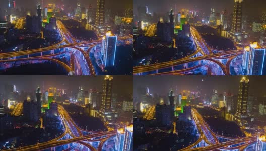中国夜景时间照亮上海市景著名交通路口航拍全景，4k时间流逝高清在线视频素材下载