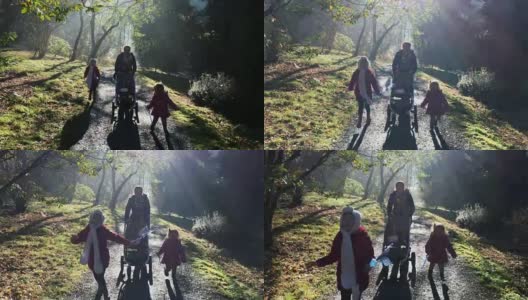 活跃的家庭散步在冬季公园在明亮的阳光和寒冷的日子，他们呼吸蒸汽高清在线视频素材下载