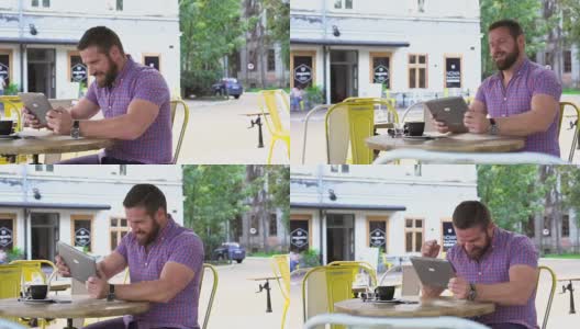 快乐的男人在咖啡馆玩平板电脑游戏，滑球向左射击高清在线视频素材下载