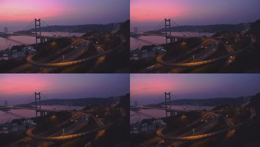 中国香港青衣区青马大桥交通的4k分辨率时间间隔。日落，黄昏高清在线视频素材下载