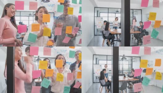 4K分辨率亚洲青年创意团队头脑风暴会议延时，将想法写在现代办公室玻璃墙上的便签上，业务同事的同事会议和分享想法概念高清在线视频素材下载