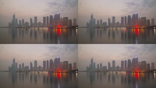 日落天空照亮青岛市区海湾海岸线全景时间流逝4k中国高清在线视频素材下载