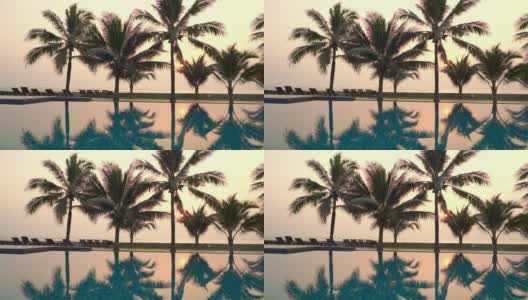 日落时分，海边沙滩上有棕榈树的室外游泳池高清在线视频素材下载