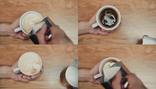 一个咖啡师展示的艺术倒和准备一杯咖啡的特写视图。拿铁艺术。高质量的全高清镜头。高清在线视频素材下载