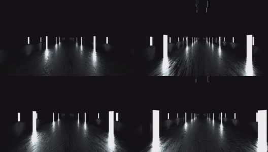 黑色镜面空间，光滑的地板和一排灯光，电脑生成。透视背景的3d渲染高清在线视频素材下载