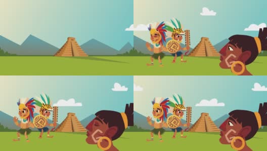 文化阿兹特克金字塔和土著群体场景动画高清在线视频素材下载