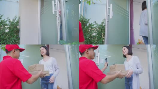 邮递员把包裹送回家。年轻的亚洲可爱的女孩接收邮差在门口的盒子。她微笑着处理这件事。送货上门和网上购物的概念。高清在线视频素材下载