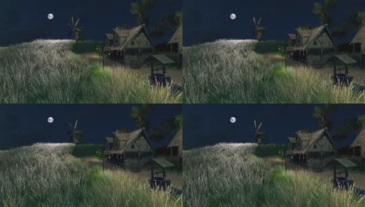 空的中世纪村庄与老风车在黑暗的夜晚3D动画高清在线视频素材下载
