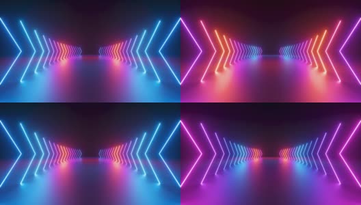 3d循环动画，抽象的粉红色红色蓝色霓虹灯背景与发光的梯度箭头，显示前进的方向。空的阶段高清在线视频素材下载