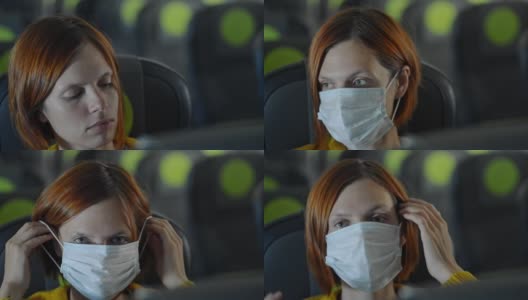 特写镜头:一名女子戴上口罩，坐在机场内部摆姿势高清在线视频素材下载