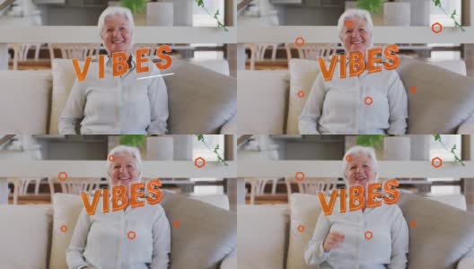 动画的震动文本在橙色快乐的白人妇女在家里进行视频电话高清在线视频素材下载