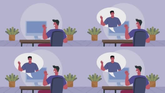 视频会议动画与男性朋友在桌面高清在线视频素材下载