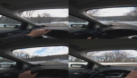 驾车穿过雪原森林高清在线视频素材下载