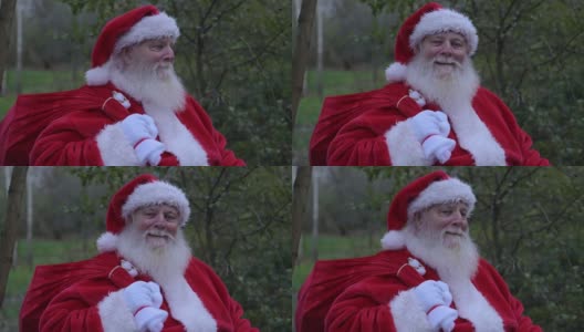 圣诞老人的肖像，带着一包礼物穿过森林高清在线视频素材下载