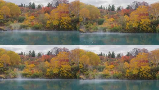 延时拍摄:日本青森市Hakkoda红叶森林的地狱沼湖高清在线视频素材下载