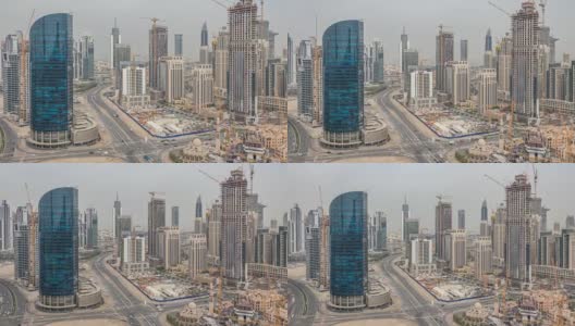 迪拜市中心和商业湾的天际线与住宅塔楼的时间流逝，从屋顶看高清在线视频素材下载