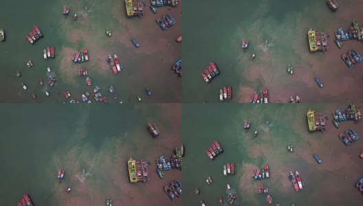 越南下龙湾的彩色渔船鸟瞰图高清在线视频素材下载