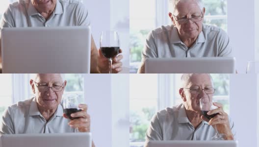 用笔记本电脑和喝红酒的老人高清在线视频素材下载