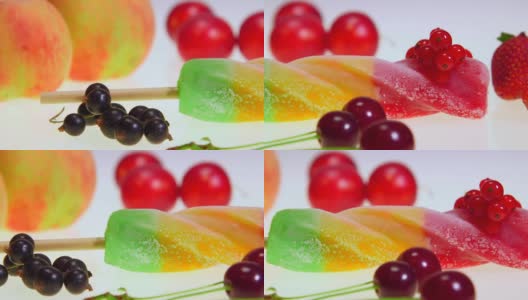 多莉:冰棍和新鲜的水果和浆果特写高清在线视频素材下载