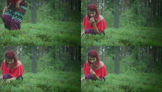 4K潮女在森林里吃野莓高清在线视频素材下载
