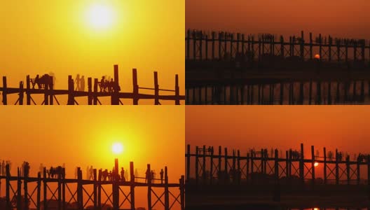 曼德勒湖上日落时分的U-Bein柚木桥高清在线视频素材下载