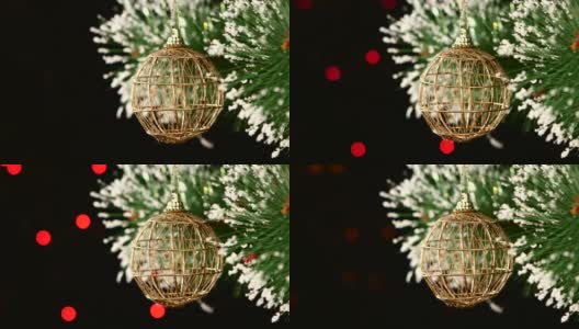 不寻常的装饰-一个圆形的棕色玩具在圣诞树上，散焦，轻，黑色，花环高清在线视频素材下载
