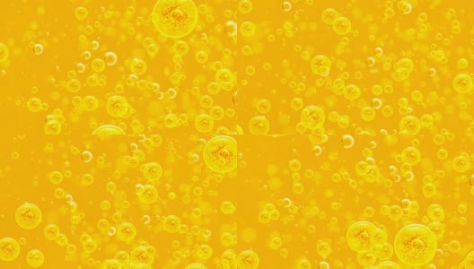 金色的背景。大、小金色气泡油里面的金色液体用于项目，油、蜂蜜、啤酒、果汁或其他变体。高清在线视频素材下载