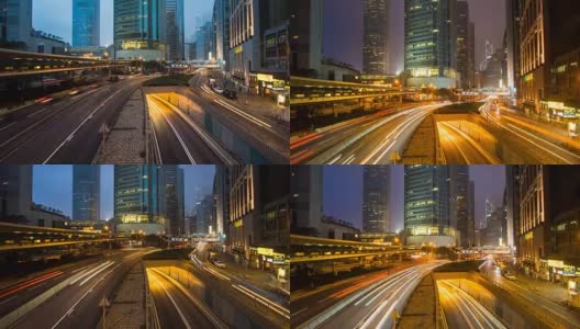 TL TU D2N夜晚的香港城市景观，中区快速的交通和摩天大楼高清在线视频素材下载