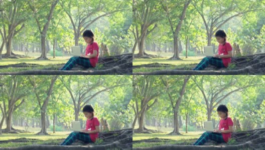 在一个阳光明媚的夏天，女孩们坐在树下使用电脑高清在线视频素材下载