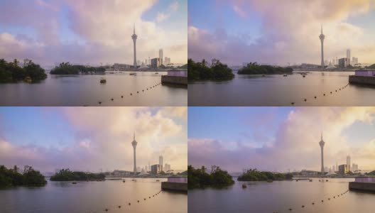 日落时间照明澳门城市市中心海湾全景时间间隔4k中国高清在线视频素材下载