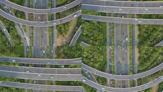 自动驾驶的概念，与移动的汽车的道路交叉口鸟瞰图高清在线视频素材下载