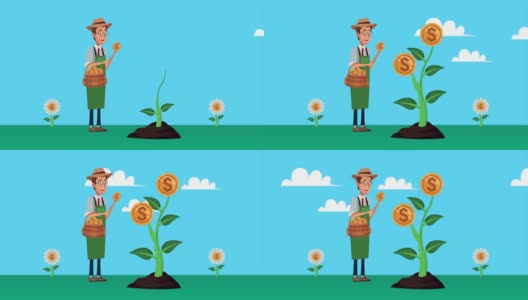 优雅的园丁商人与硬币植物人物动画高清在线视频素材下载