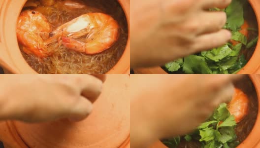 在锅里用面条烤虾高清在线视频素材下载