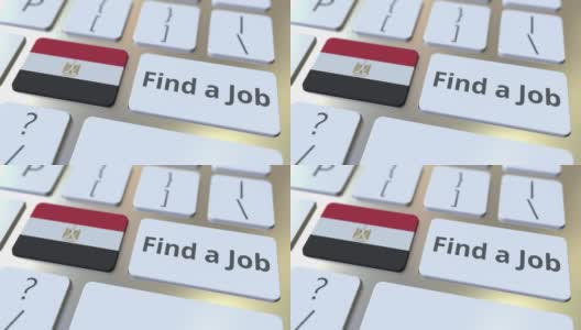在电脑键盘上的按钮上找到工作文字和埃及国旗。与就业相关的概念3D动画高清在线视频素材下载