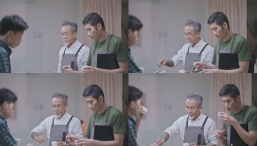 亚洲华人资深男咖啡师在工作室工作地点拔火罐品尝咖啡样品高清在线视频素材下载