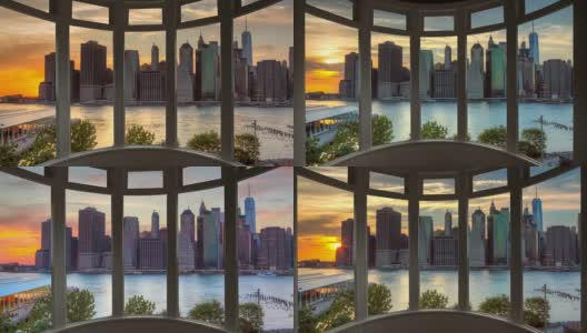 日落纽约城市景观时间流逝窗口全景城市景观曼哈顿高清在线视频素材下载
