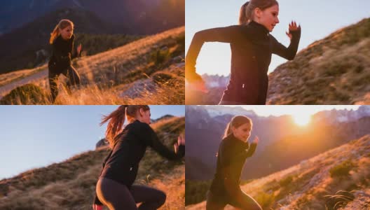 一个年轻女子在日落时分跑上了山高清在线视频素材下载