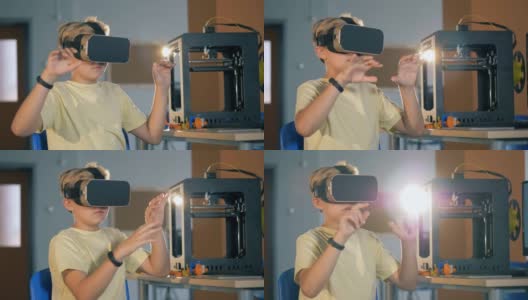 男孩戴着3D虚拟现实头盔在学校实验室学习创新技术。4 k。高清在线视频素材下载